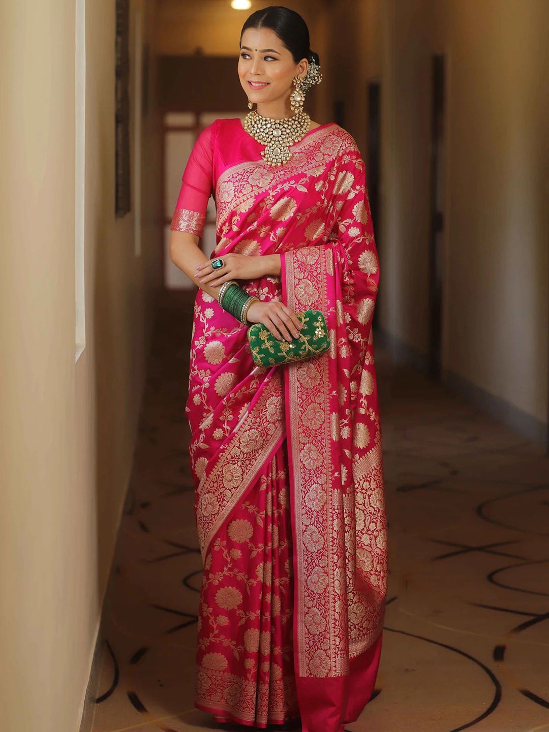 

KALINI Ethnic Motifs Zari Pure Silk Banarasi Saree, Pink