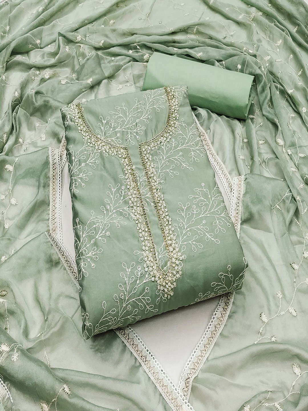

Lilots Unstitched Dress Material, Green
