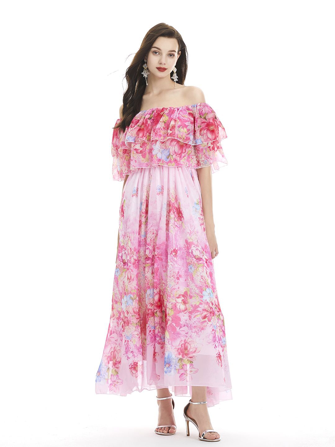 

JC Collection Floral Print Off-Shoulder Flared Sleeve Maxi Dress, Pink