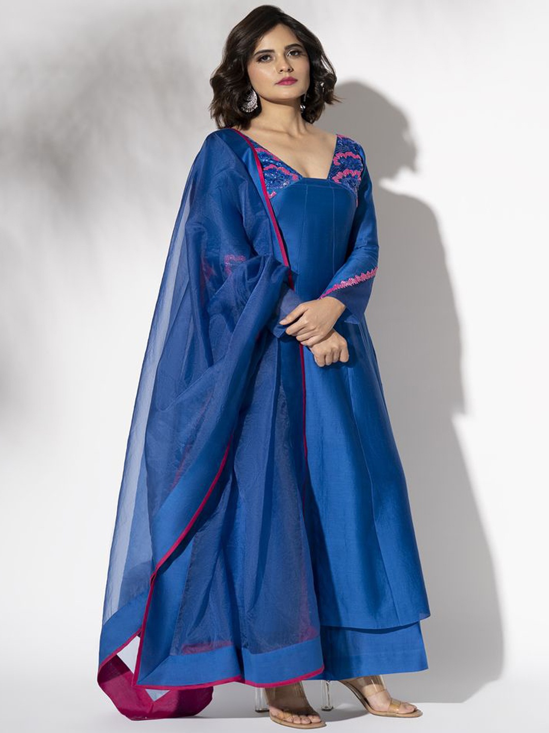 

The Aarya AACN01_S Ethnic Sequinned Chanderi Anarkali Kurta With Palazzos & Dupatta, Blue