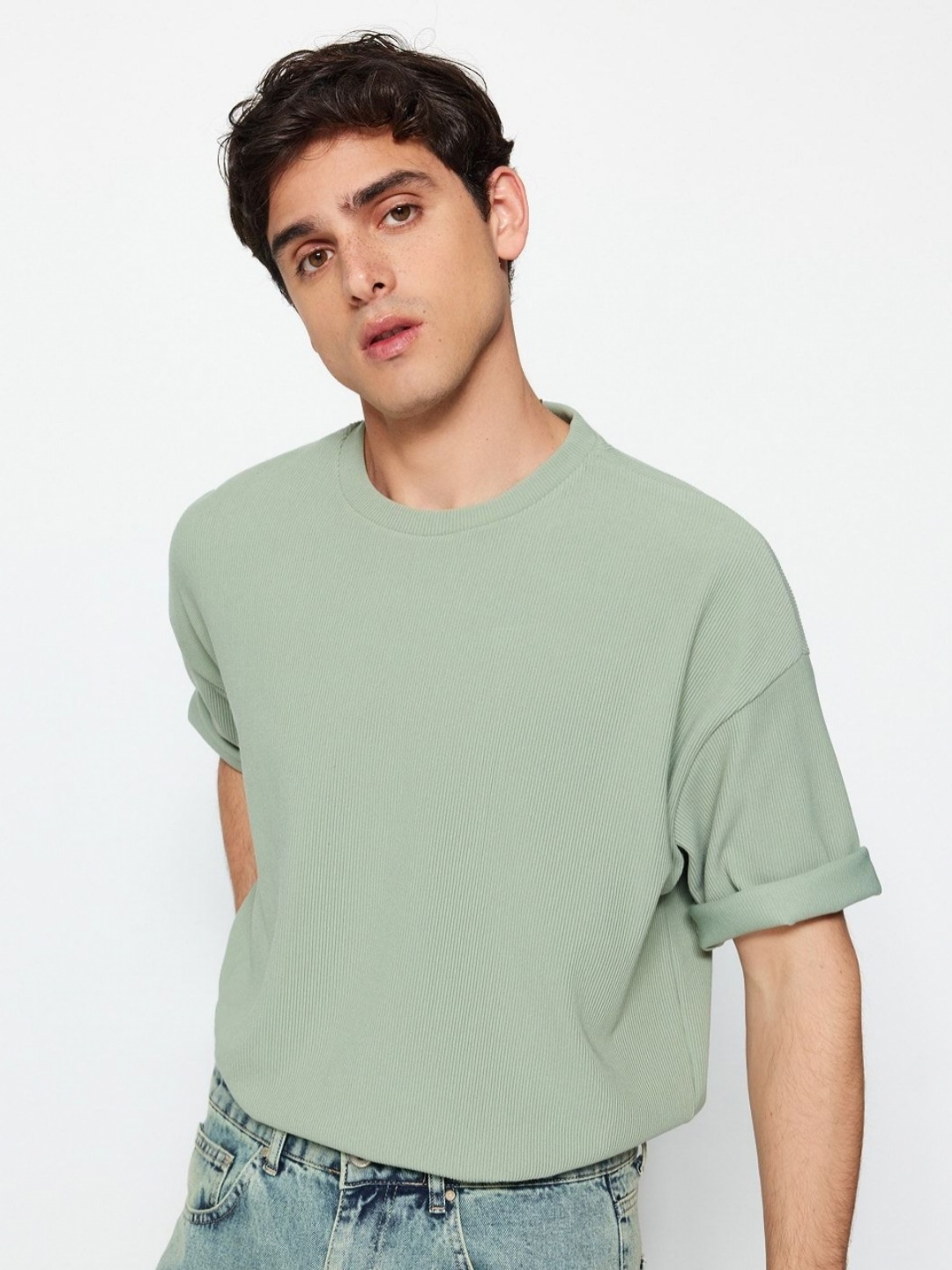 

Trendyol Men Solid Round Neck Oversized T-Shirt, Olive