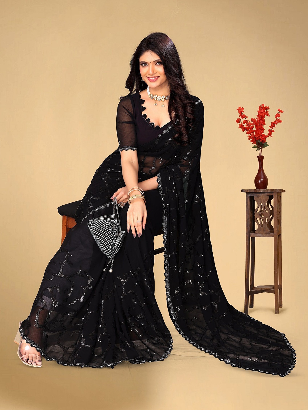 

BAESD Ethnic Motifs Beads and Stones Saree, Black