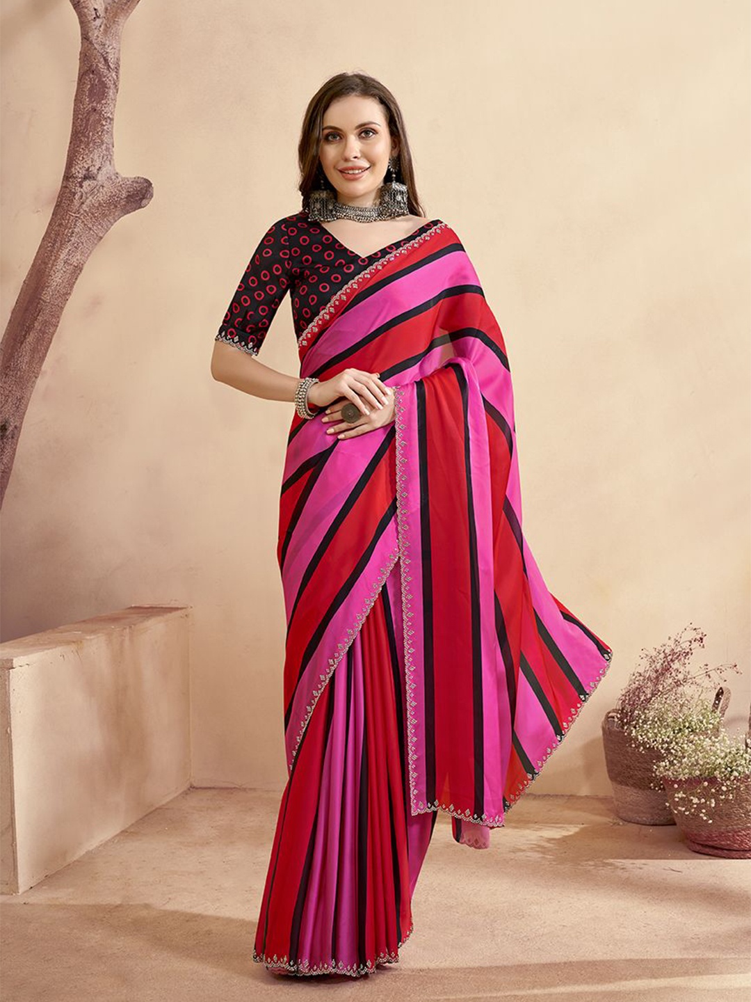 

Anouk Striped Beads and Stones Satin Saree, Red