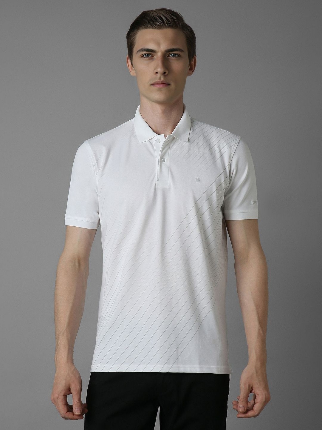 

Louis Philippe Men Striped Polo Collar T-Shirt, White