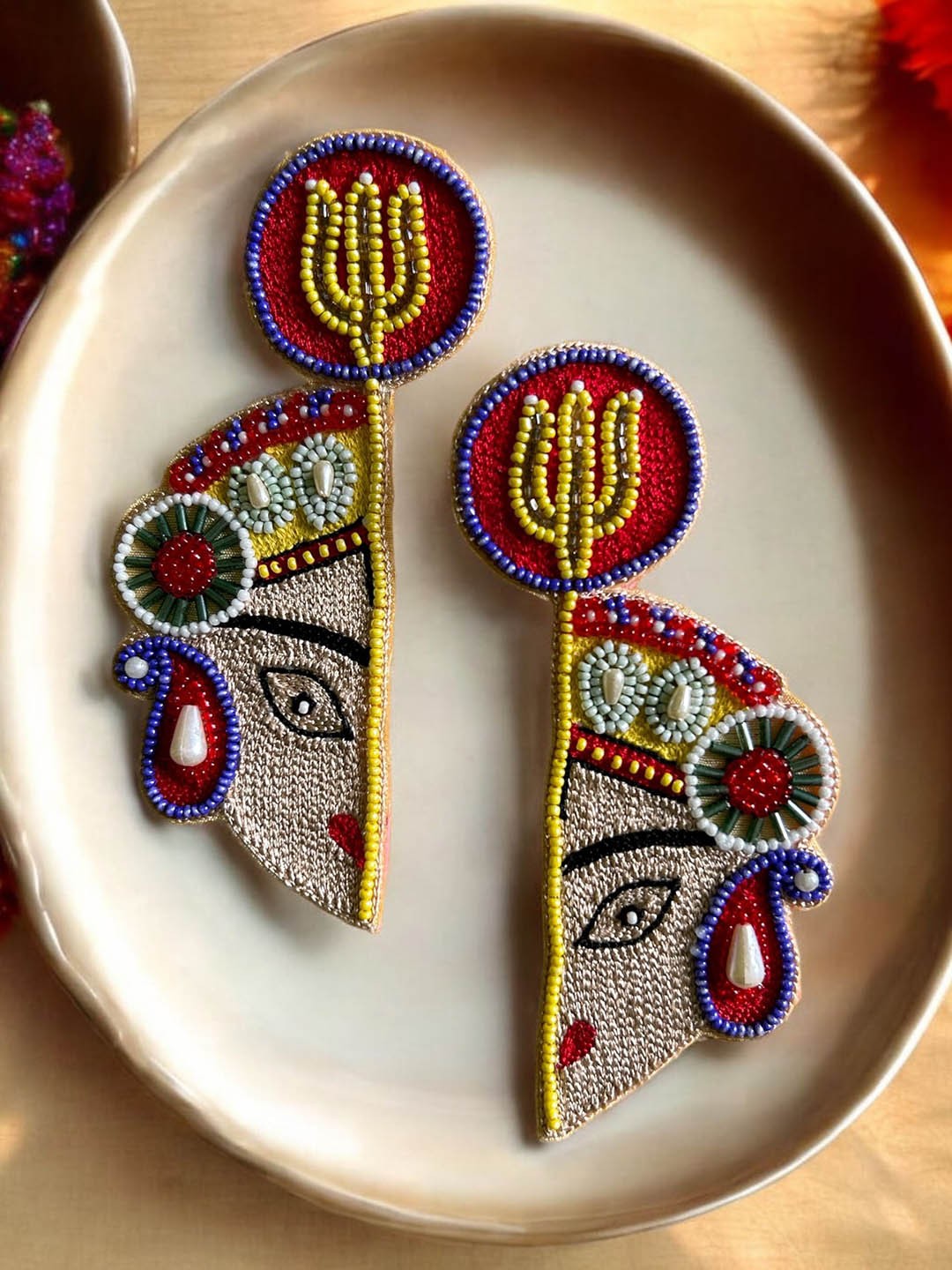 

JEWELWATI Gold-Plated Devi Large Beaded Classic Drop Earrings, Red