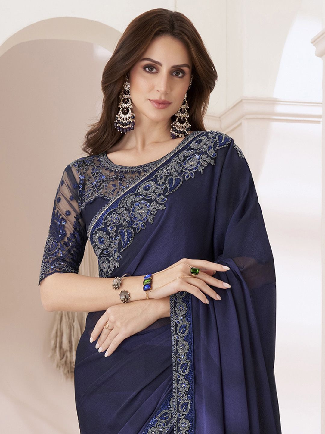

Mitera Sequinned Pure Chiffon Saree, Navy blue