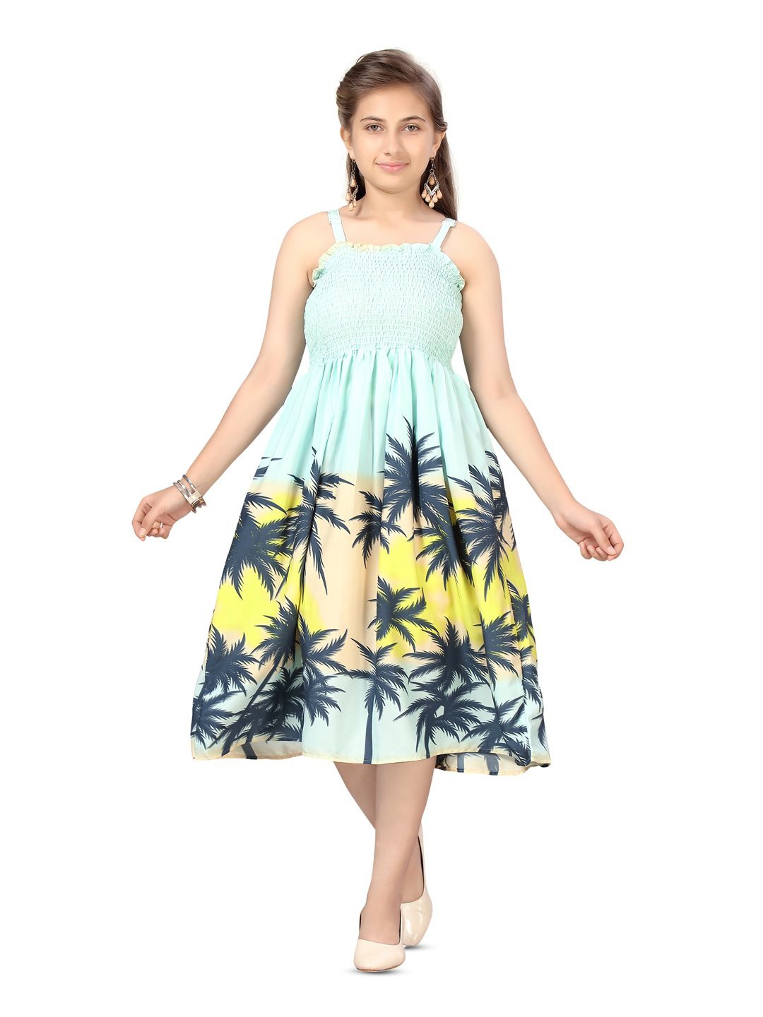 

BAESD Girls Printed Shoulder Straps Smocked Fit and Flare Midi Dress, Sea green