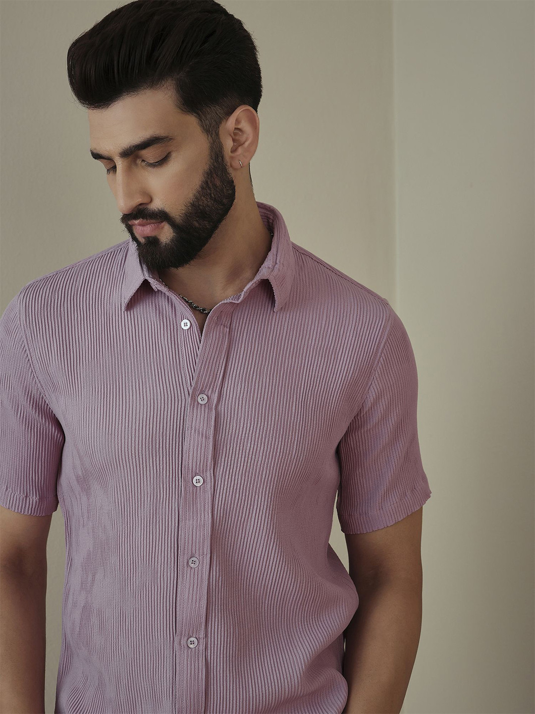 

HERE&NOW Men Classic Opaque Striped Casual Shirt, Peach