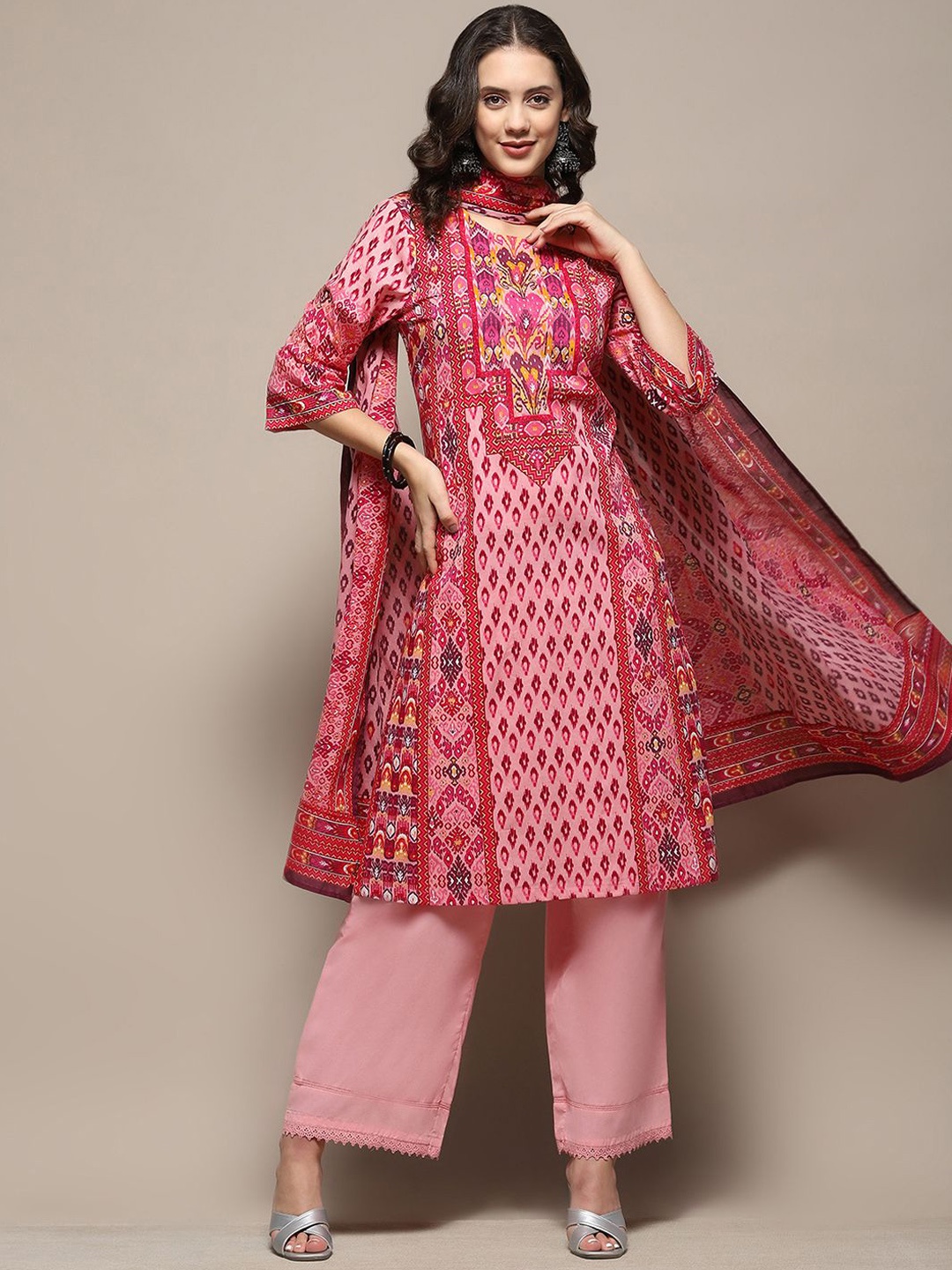 

Biba Ethnic Motifs Printed Round Neck Pure Cotton Straight Kurta With Palazzos & Dupatta, Pink