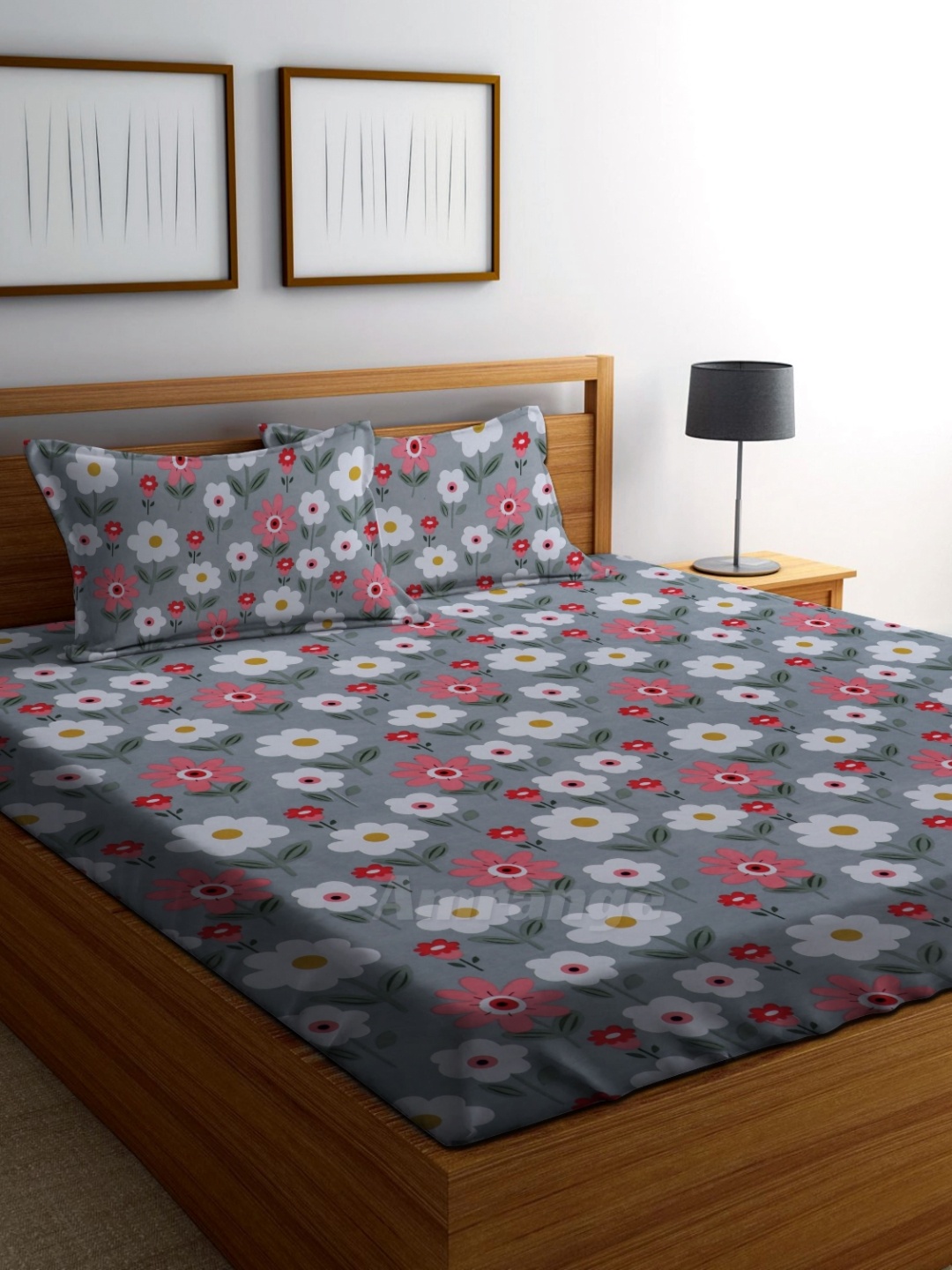 

AMRANGE Grey & Red Floral 250 TC King Bedsheet with 2 Pillow Covers