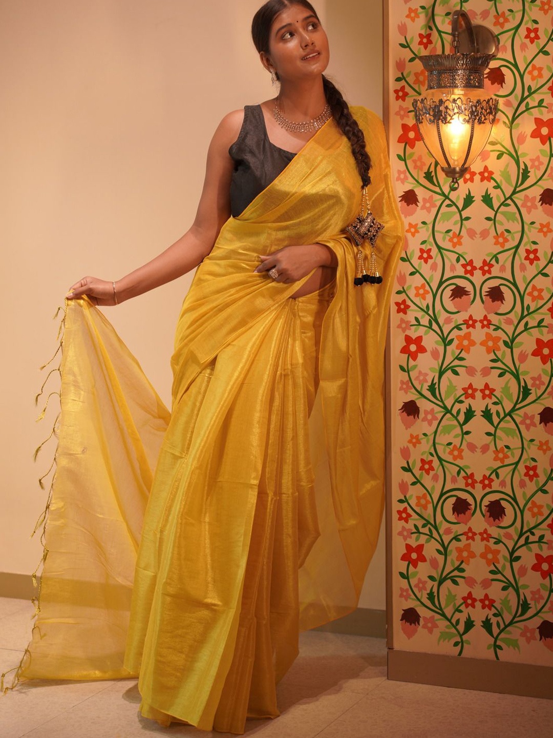 

Apaapi Threads of glory Tissue Saree, Mustard