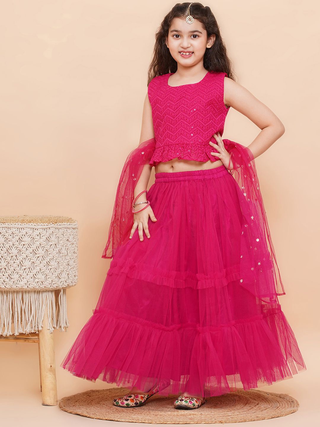 

Aj DEZInES Girls Embroidered Thread Work Ready to Wear Lehenga & Blouse With Dupatta, Pink