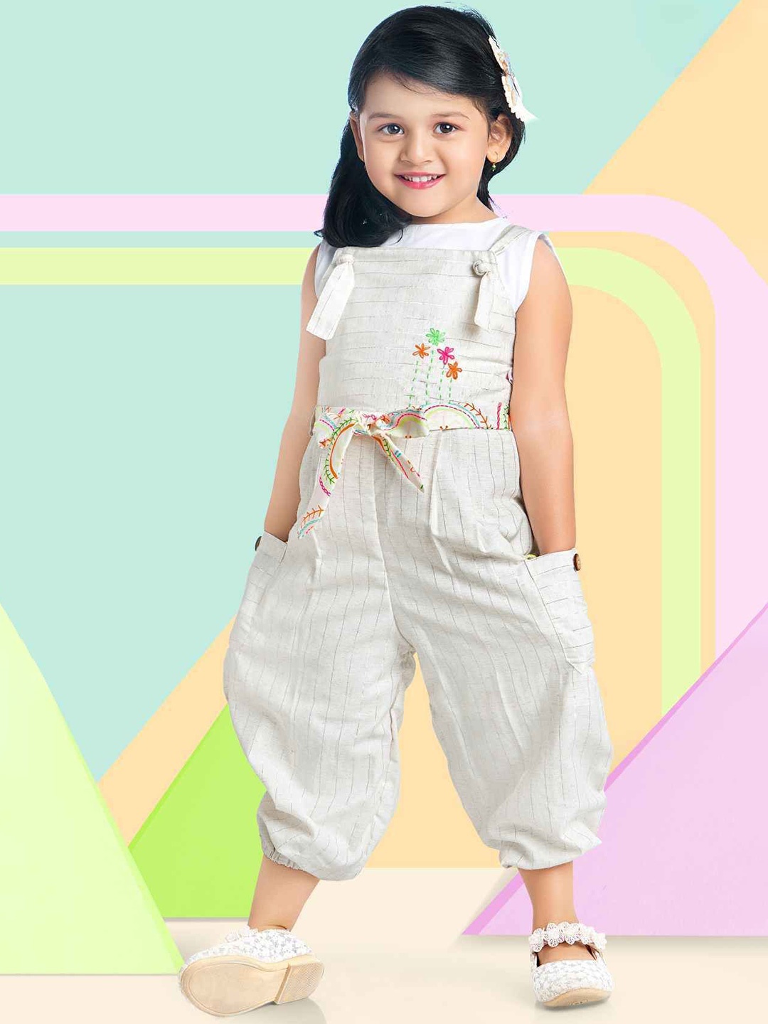 

Lagorii Girls Striped Embroidered Capri Jumpsuit, Beige