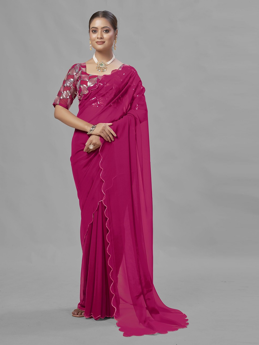 

JULEE Embroidered Pure Georgette Saree, Pink