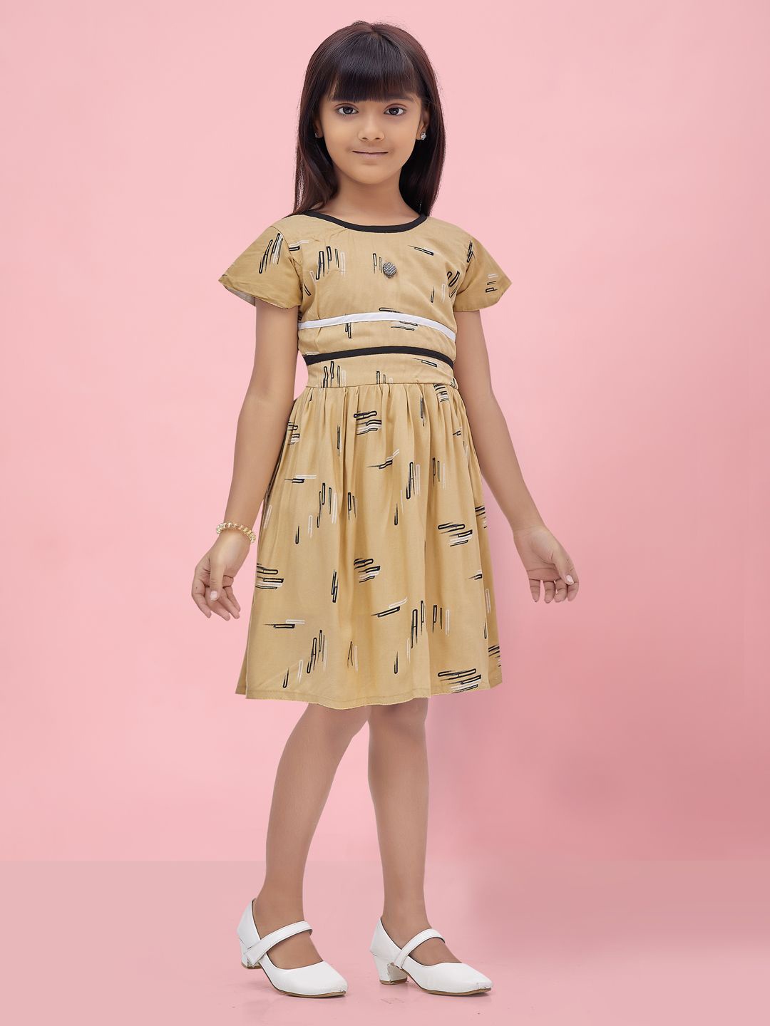 

BAESD Girls Round Neck Fit & Flare Dress, Beige