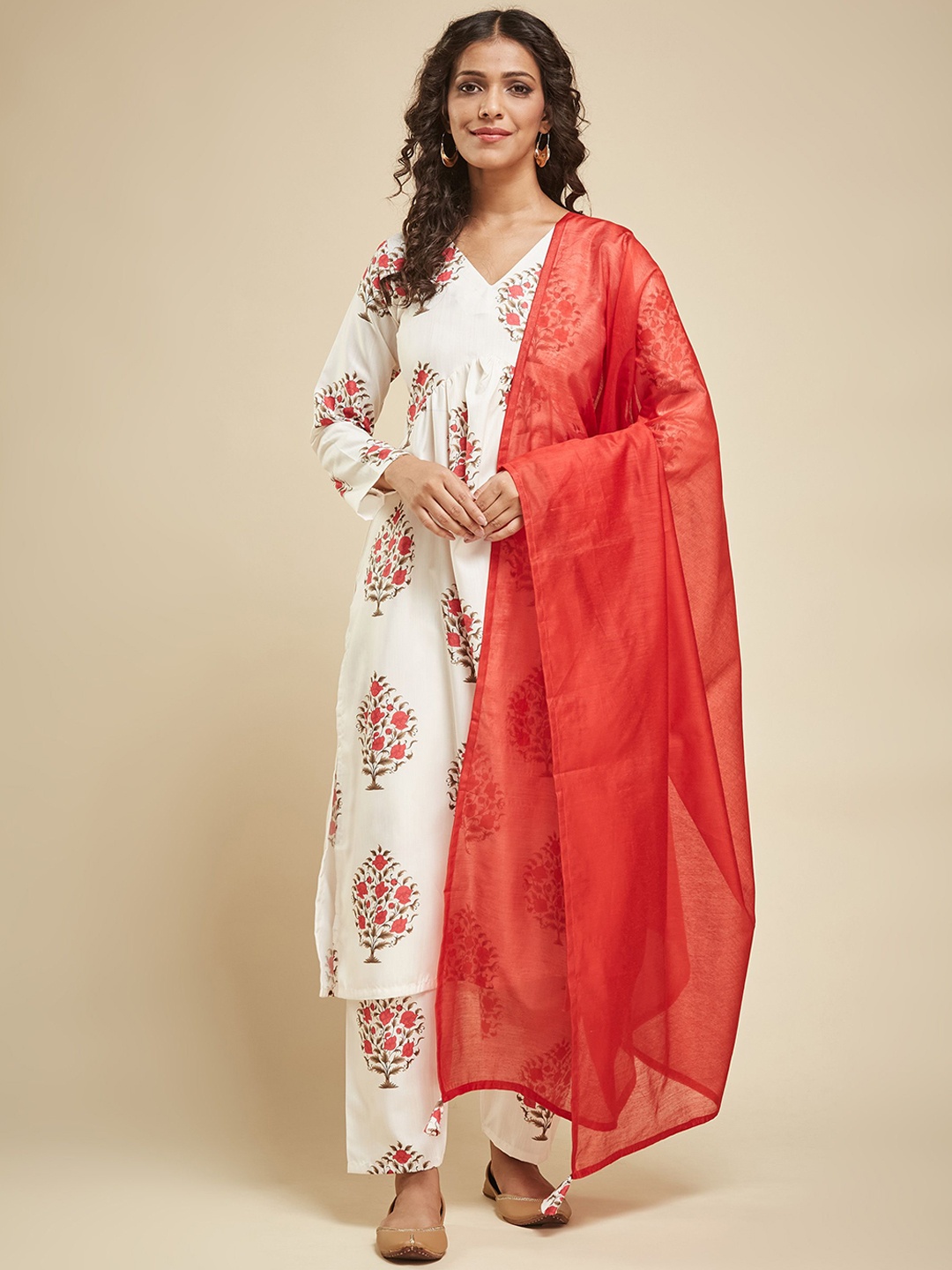 

KALINI Floral Printed V-Neck Straight Kurta With Trousers & Dupatta, Off white