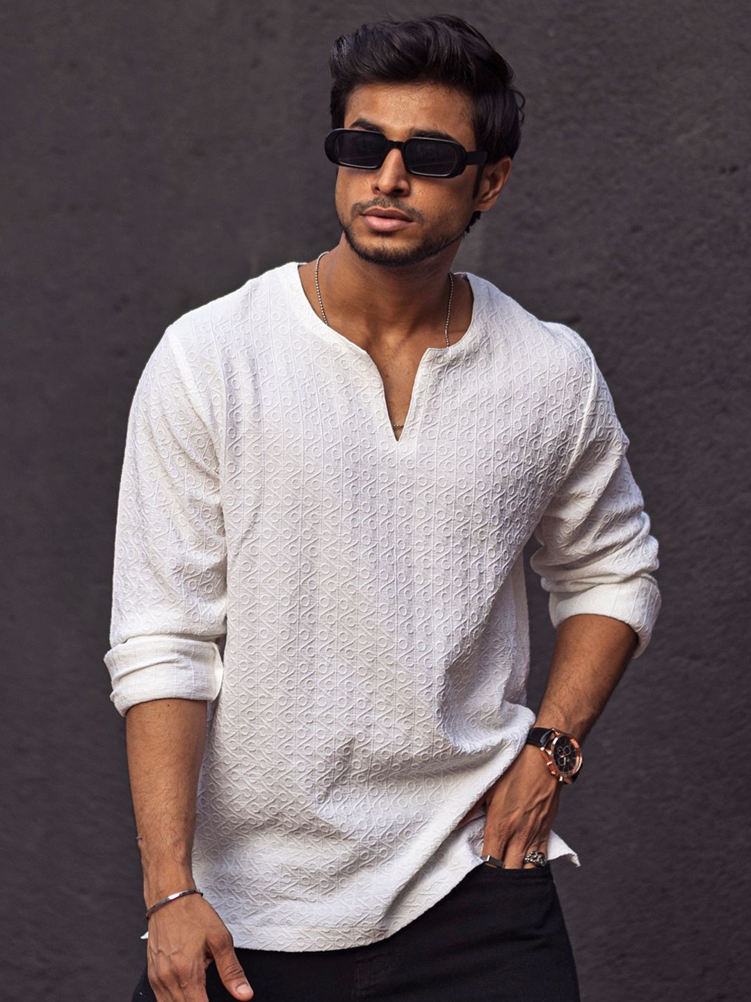 

Powerlook Men Self Design Mandarin Collar India Slim Casual Shirt, White