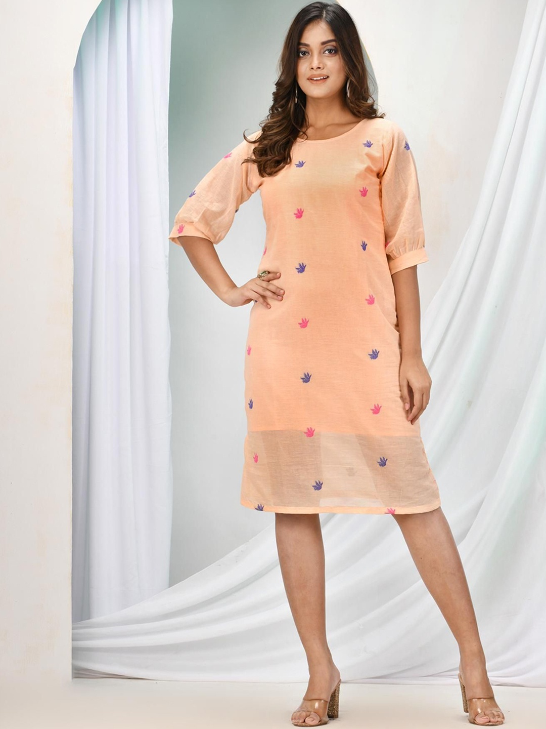 

Angoshobha Woven Design Puff Sleeve Cotton A-Line Dress, Peach