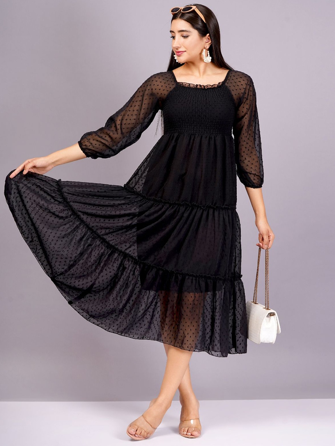 

HIGHLIGHT FASHION EXPORT Puff Sleeve Georgette Empire Midi Dress, Black