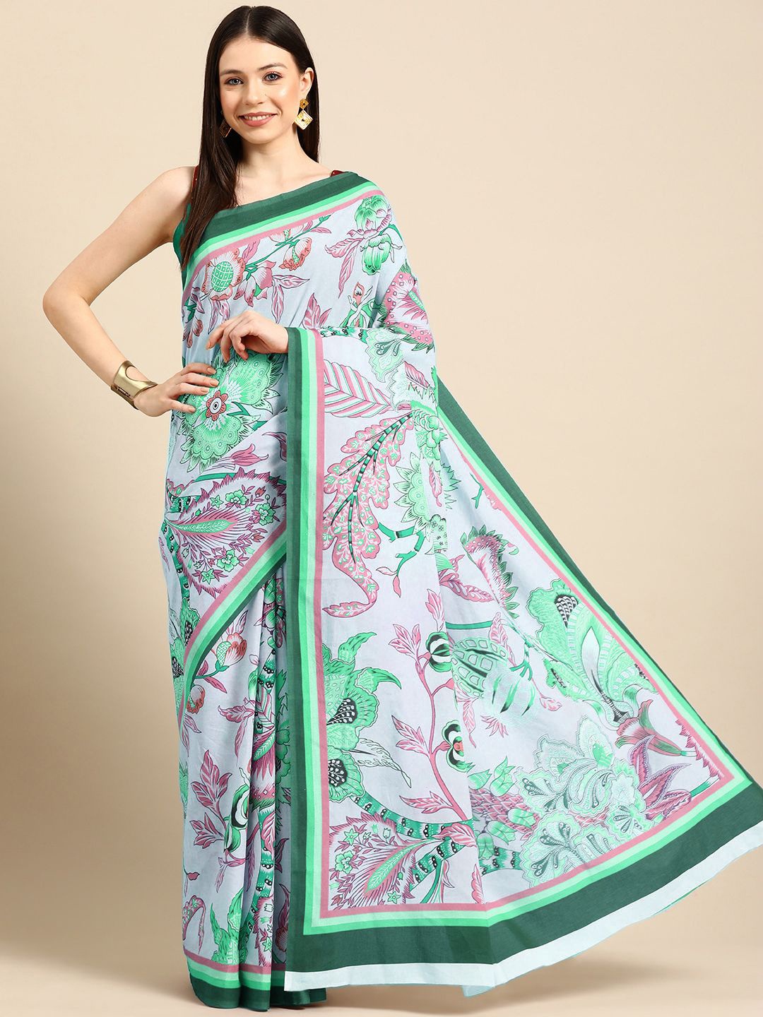 

BUTA BUTI Floral Pure Cotton Saree, Green