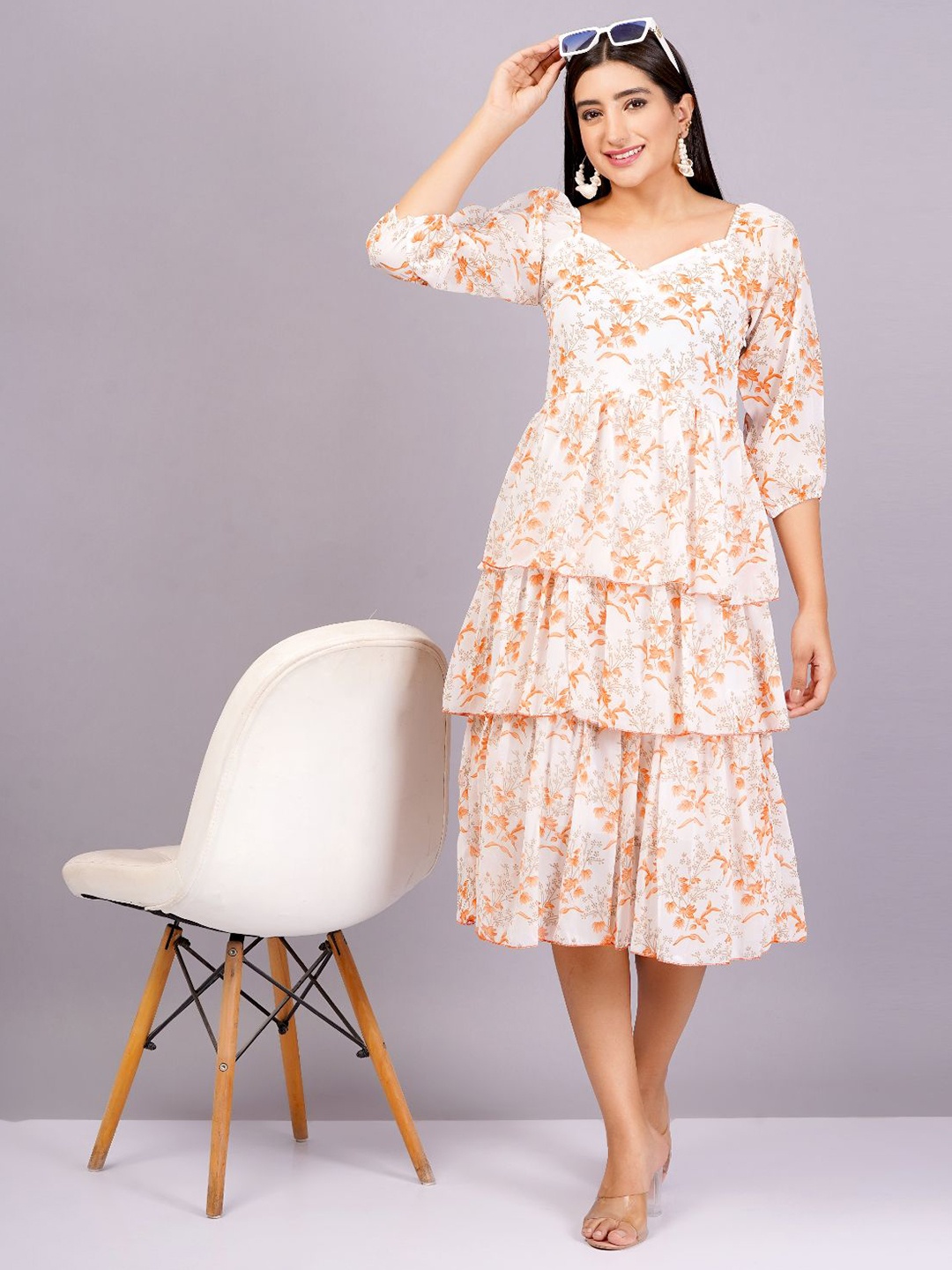 

HIGHLIGHT FASHION EXPORT Floral Print Puff Sleeve Georgette Empire Midi Dress, Orange