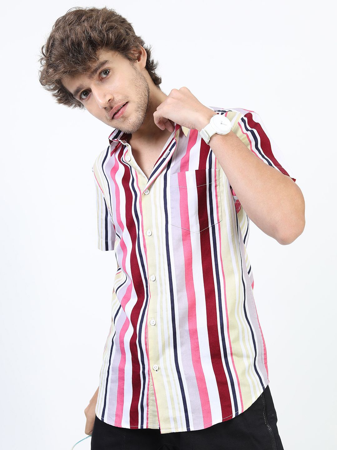 

HIGHLANDER Men Slim Fit Opaque Striped Casual Shirt, Pink