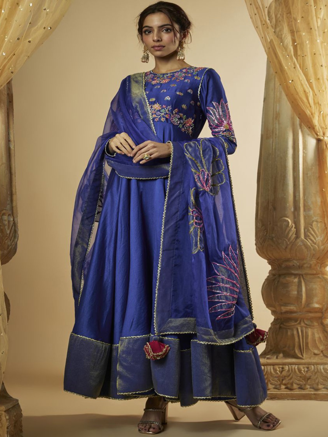 

The Aarya Floral Embroidered Thread Work Anarkali Kurta with Palazzos & Dupatta, Blue