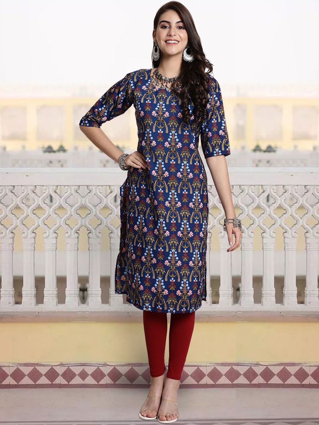 

7Threads Ethnic Motifs Printed Round Neck Straight Kurta, Navy blue