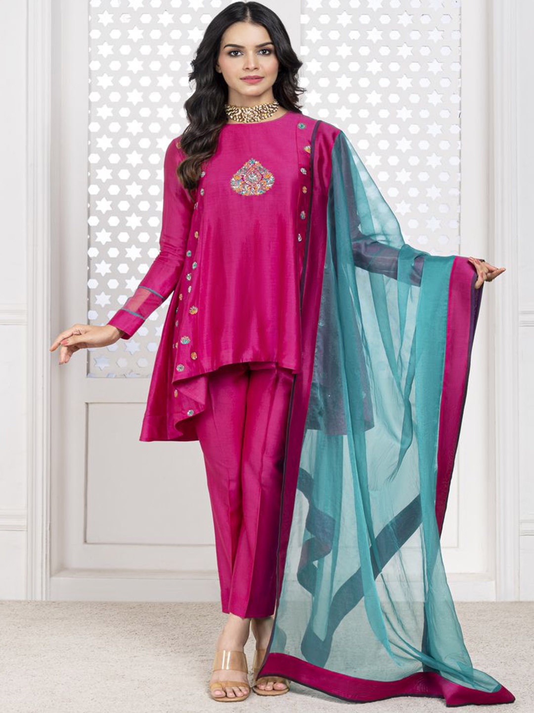 

The Aarya Embroidered Chanderi Cotton Anarkali Kurti with Trousers & With Dupatta, Pink