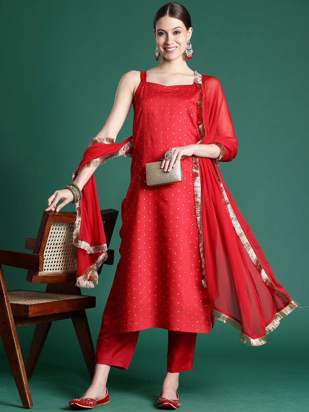 

Anouk Women Regular Chanderi Silk Kurta with Trousers & With Dupatta, Red