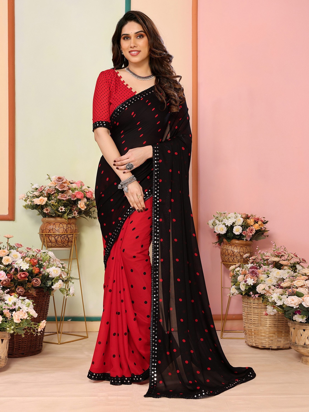 

Ambuja International Polka Dot Sequinned Poly Georgette Half and Half Saree, Red