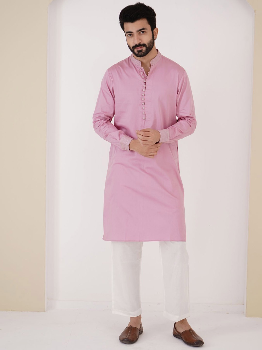 

NERO Mandarin Collar Cuffed Sleeves Straight Cotton Kurta, Purple