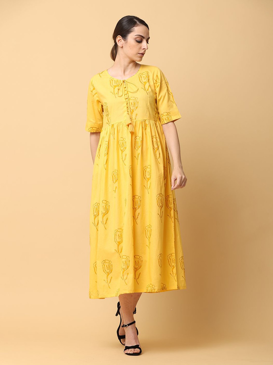 

all about you Floral Print Fit & Flare Midi Dress, Yellow