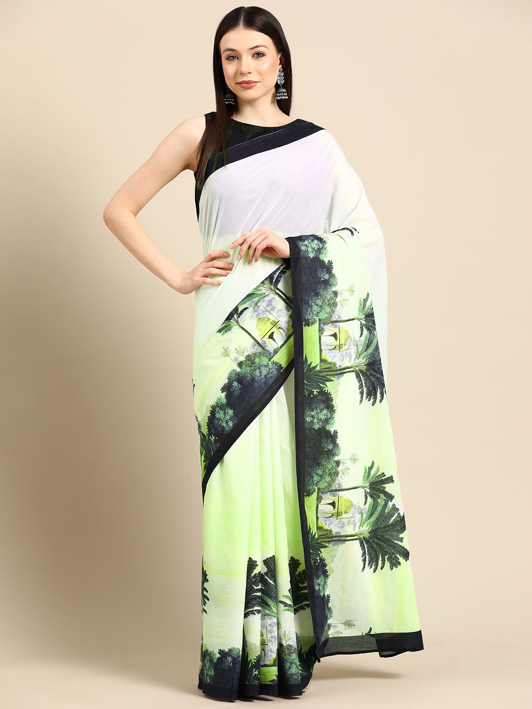 

BUTA BUTI Floral Pure Cotton Saree, Green