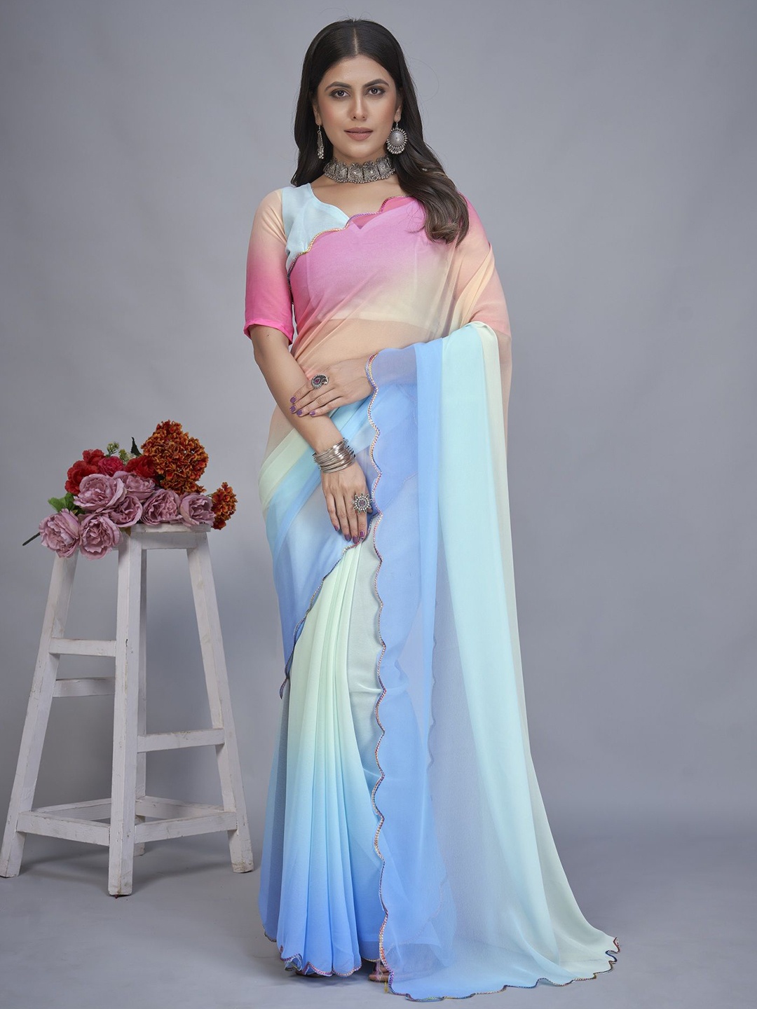 

APNISHA Ombre Embroidered Pure Georgette Half and Half Saree, Turquoise blue