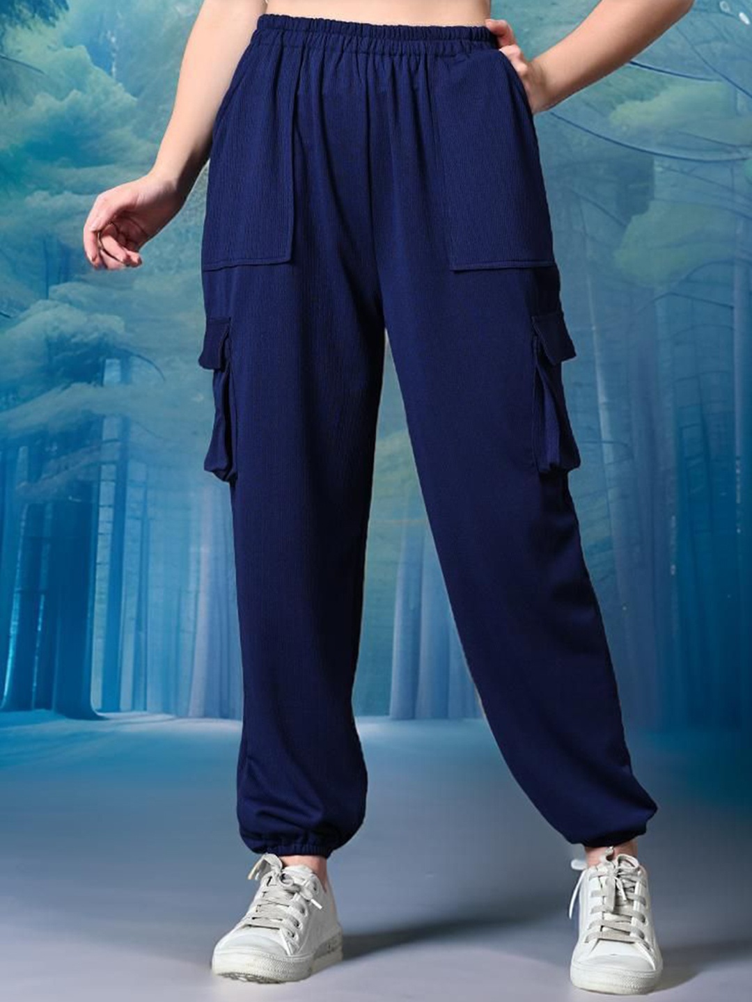 

Myshka Women Comfort Loose Fit High-Rise Wrinkle Free Joggers Trousers, Navy blue