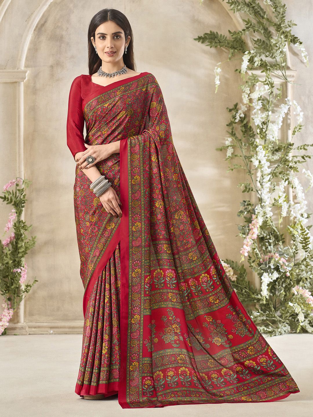 

Mitera Ethnic Motifs Poly Crepe Saree, Red
