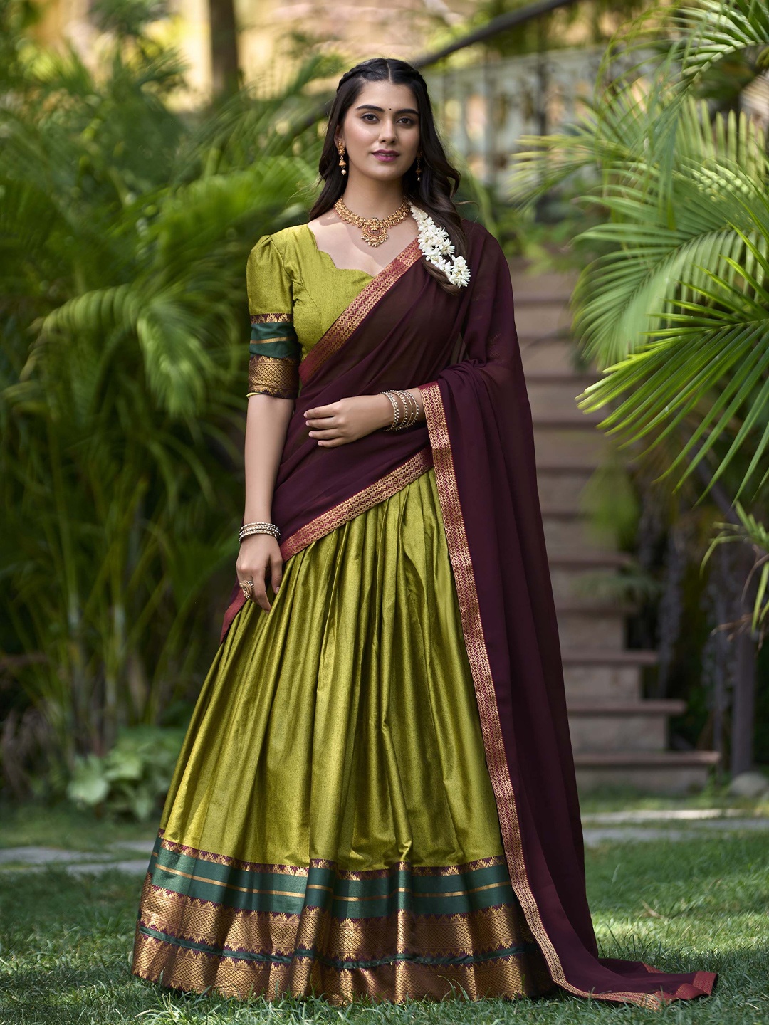

LOOKNBOOK ART Ready to Wear Lehenga & Unstitched Blouse With Dupatta, Olive