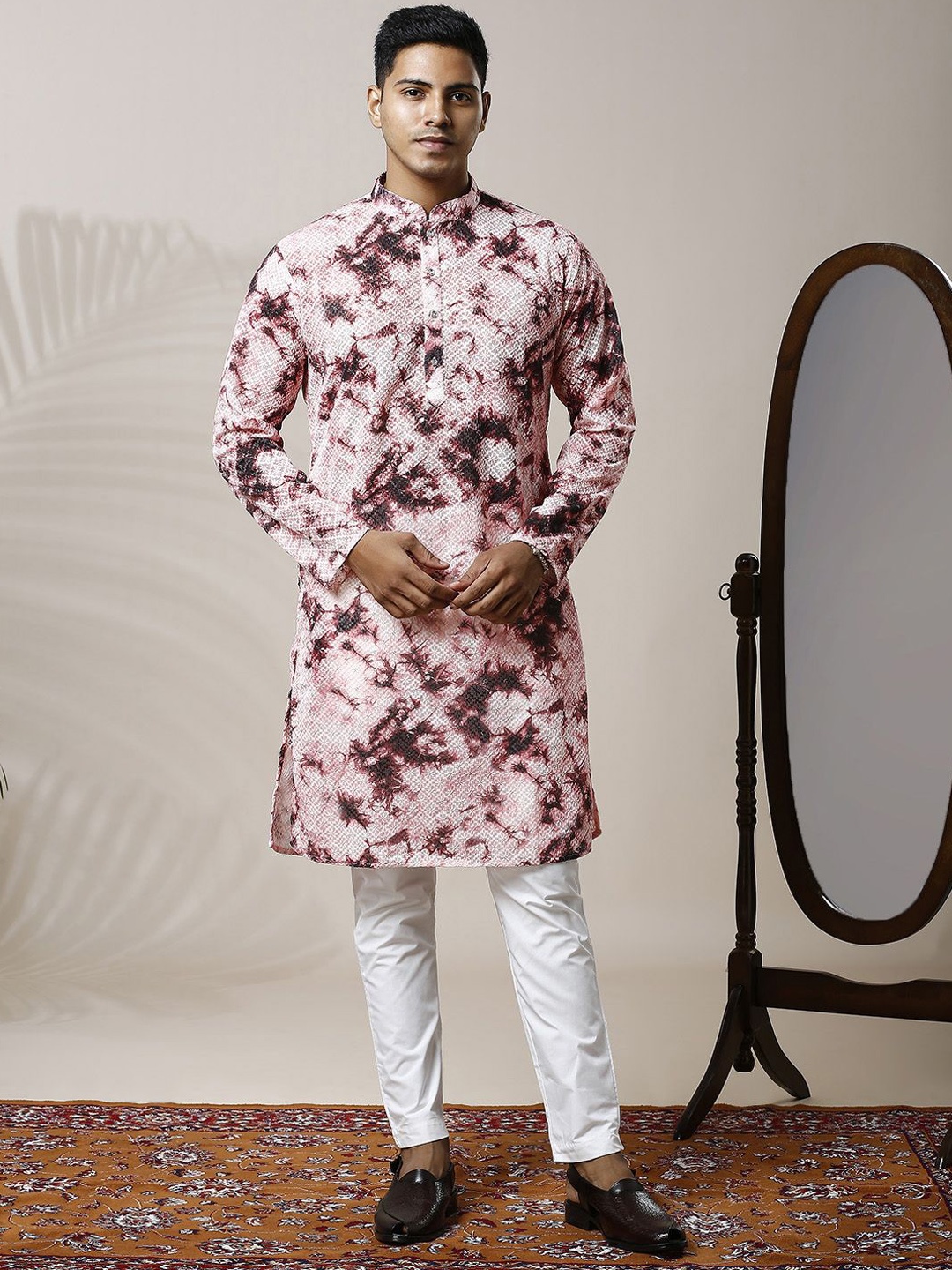 

Be Desi Tie & Dyed Thread Work Mandarin Collar Straight Kurta with Pyjamas, Maroon