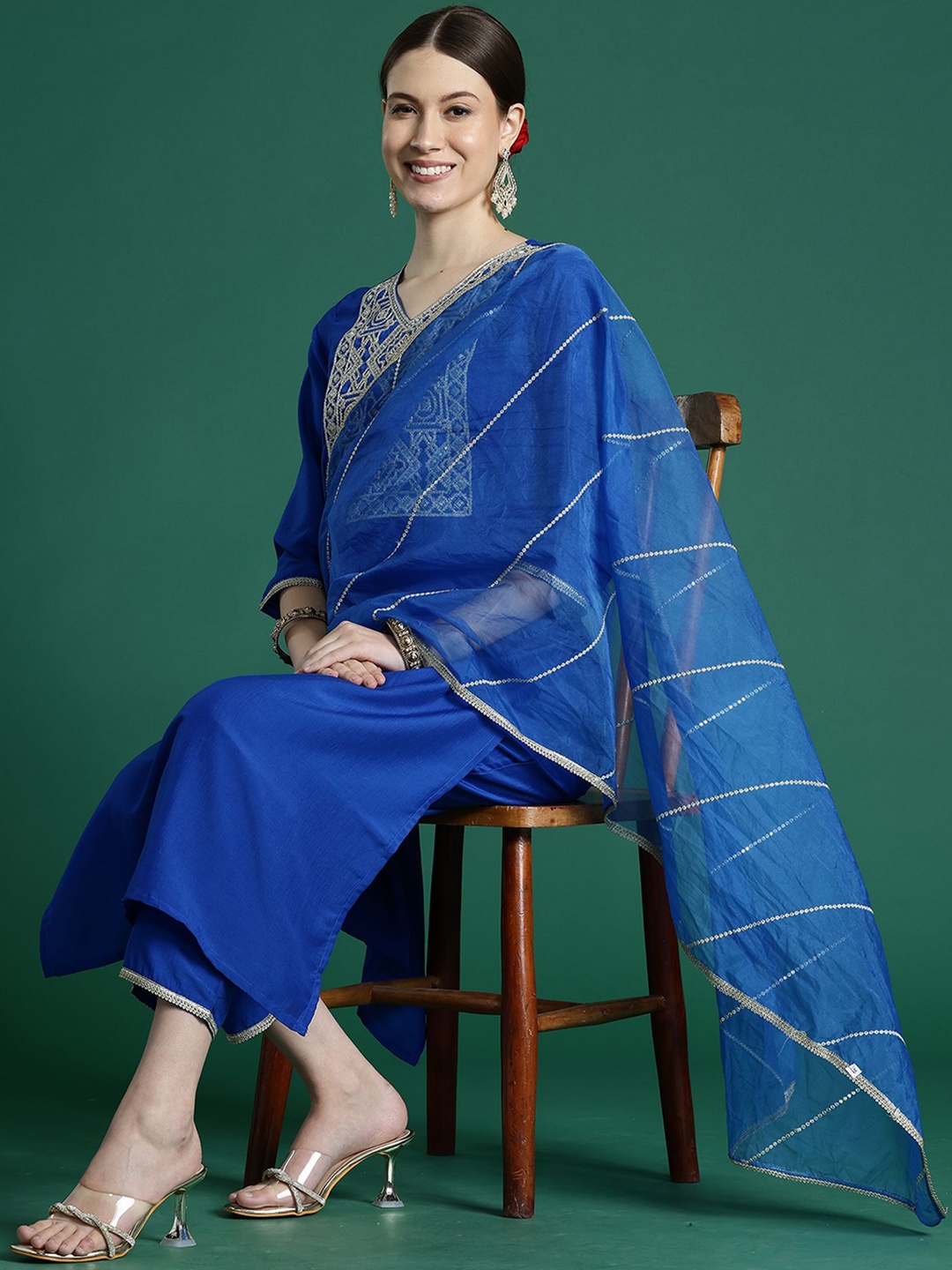 

Anouk Women Embroidered Regular Zardozi Kurta with Trousers & With Dupatta, Blue