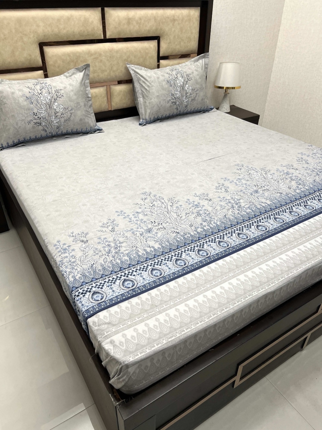

Pure Decor Grey & Blue Floral 400 TC King Bedsheet with 2 Pillow Covers