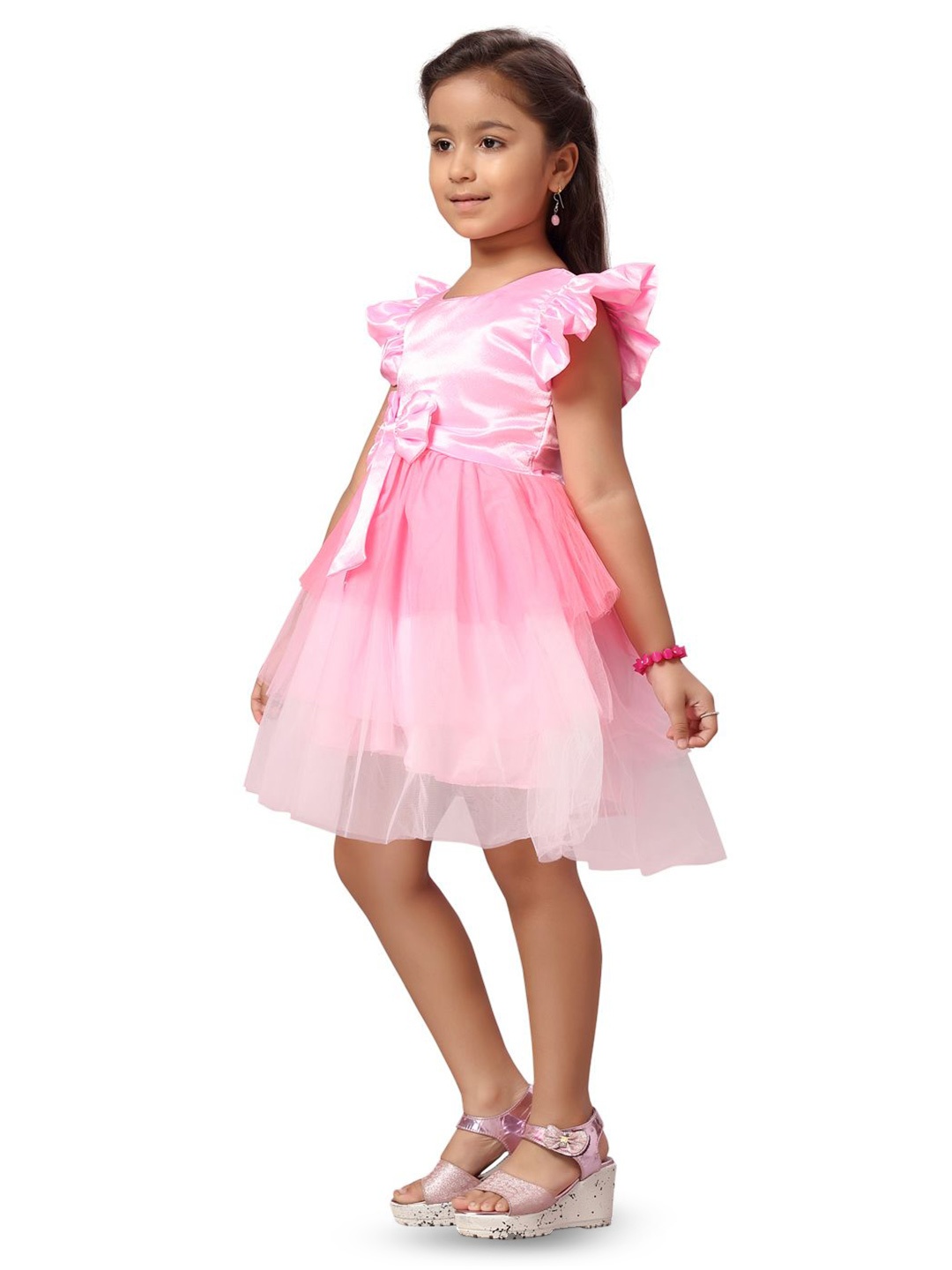 

BAESD Girls Flutter Sleeve Bow Sleeve Net Fit & Flare Dress, Pink