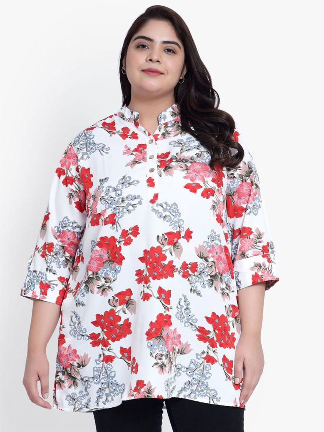 

Indietoga Floral Print Mandarin Collar Crepe Longline Top, White
