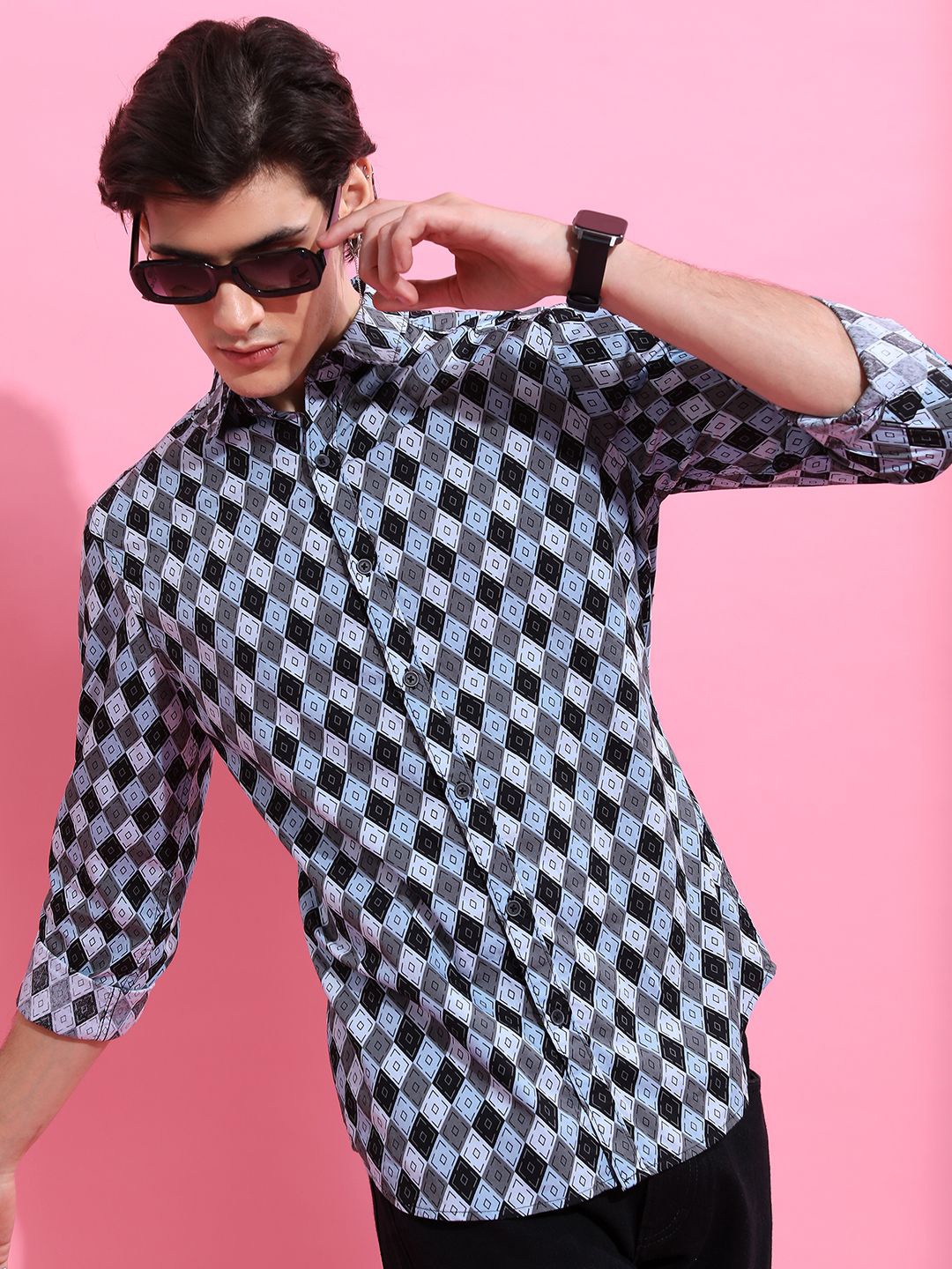 

HIGHLANDER Men Slim Fit Opaque Printed Casual Shirt, Teal