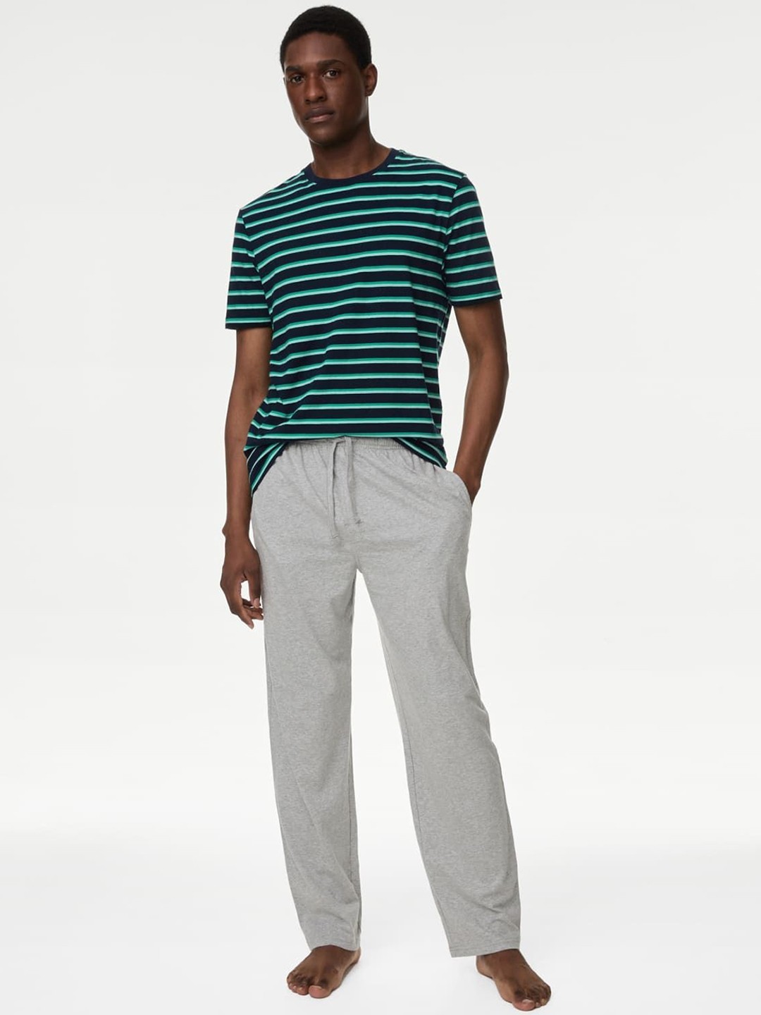 

Marks & Spencer Men Striped Night suit, Green