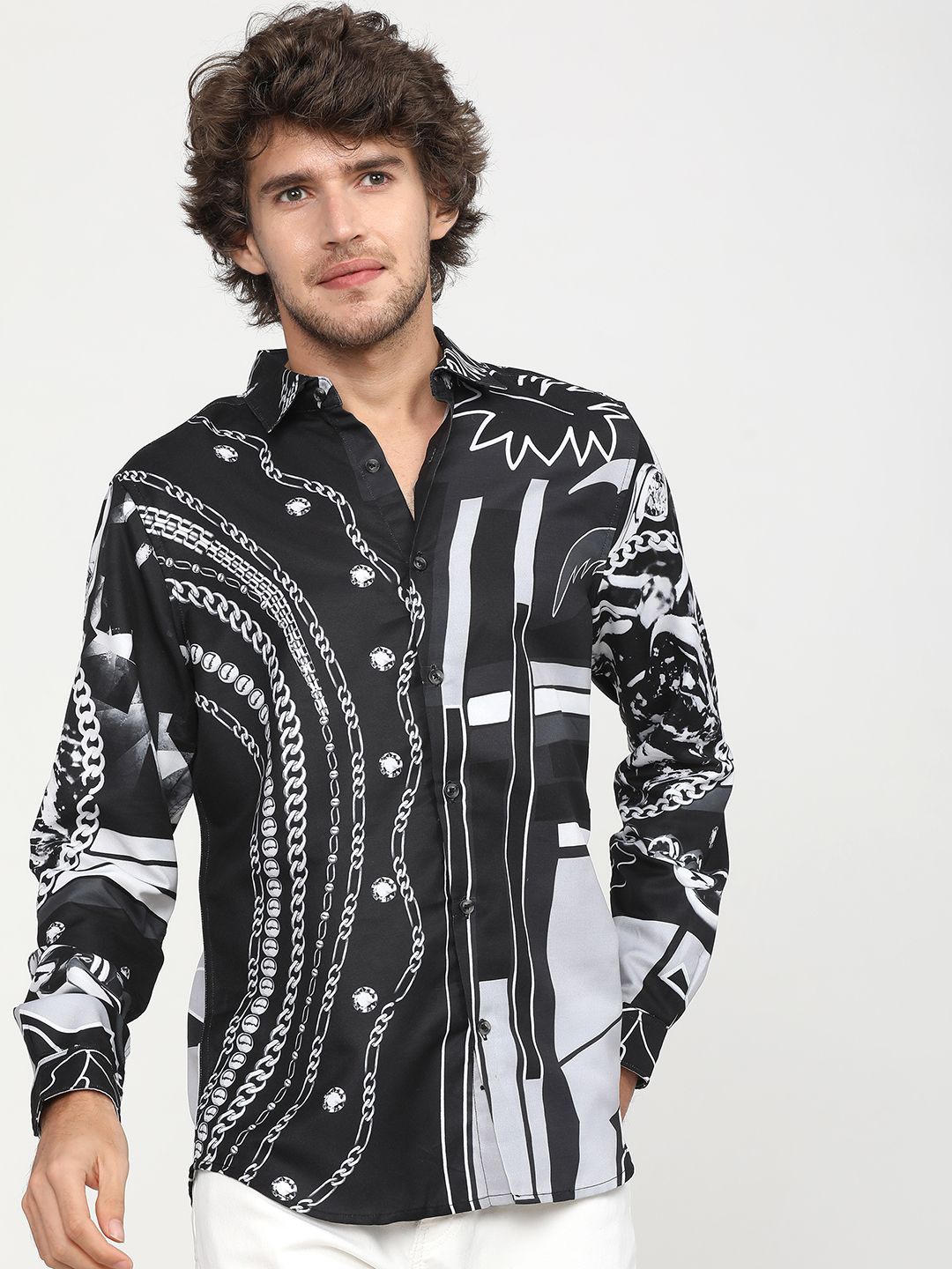 

HIGHLANDER Men Slim Fit Opaque Printed Casual Shirt, Black
