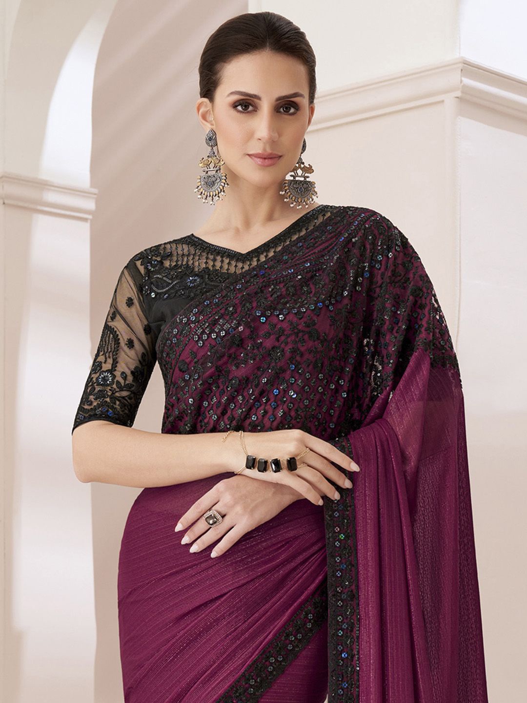 

Mitera Striped Sequinned Pure Georgette Saree, Magenta