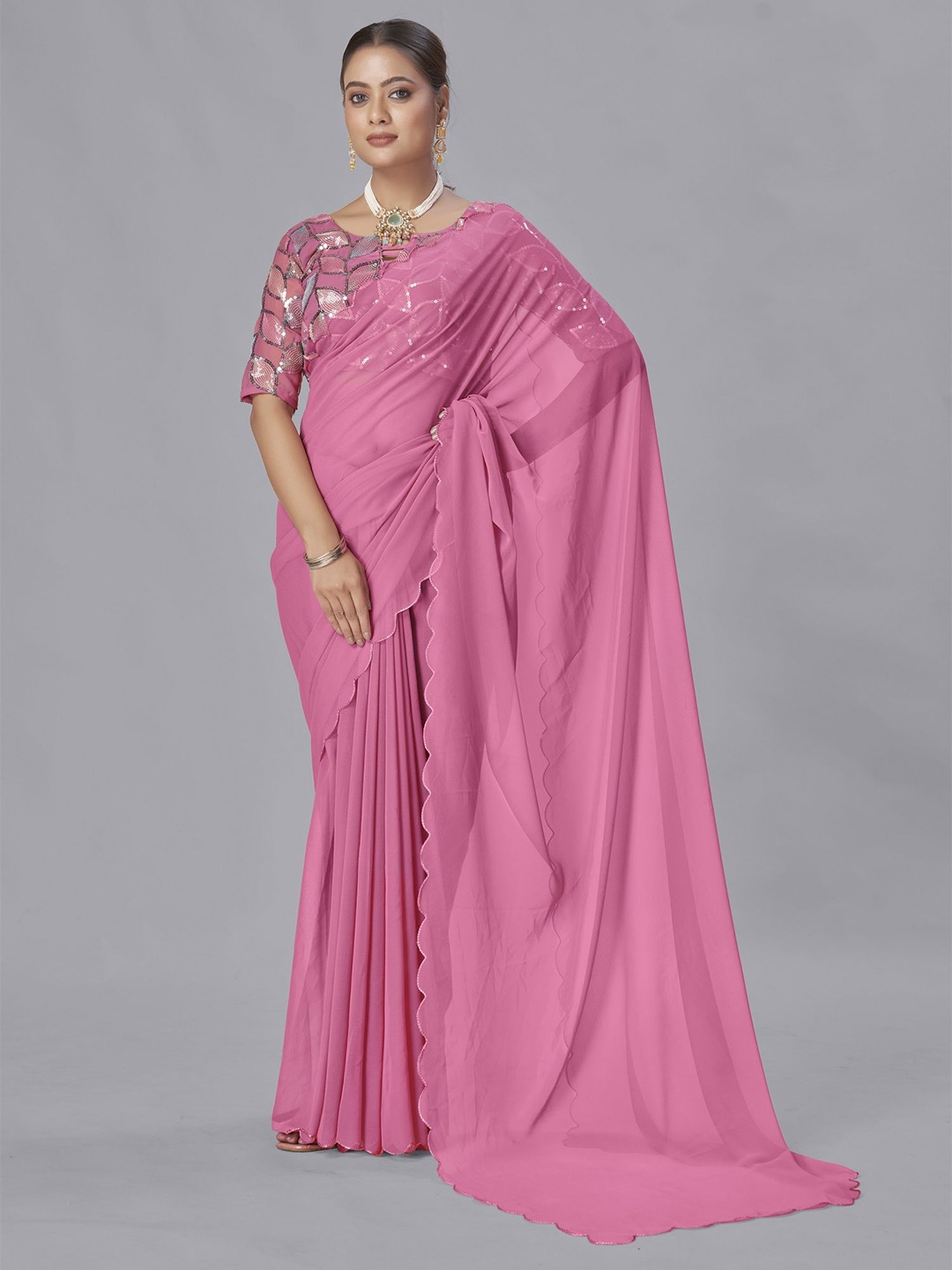 

JULEE Embroidered Pure Georgette Saree, Peach