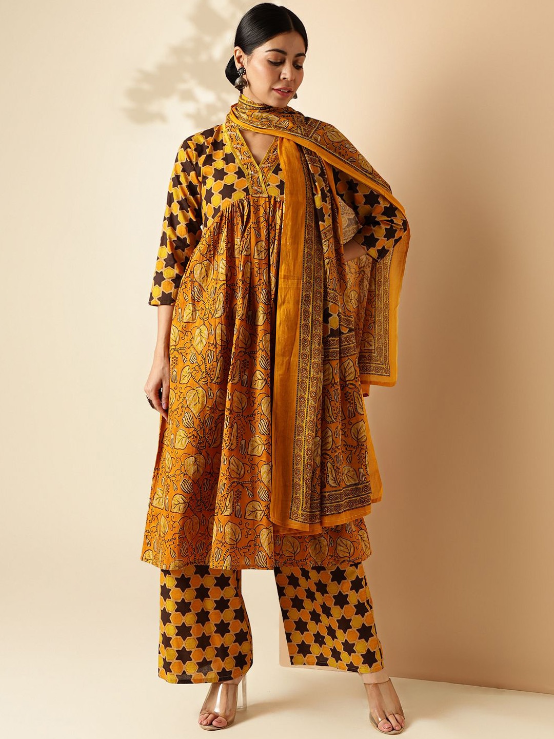 

Vbuyz Floral Printed V Neck Pure Cotton A Line Kurta & Palazzos With Dupatta, Mustard