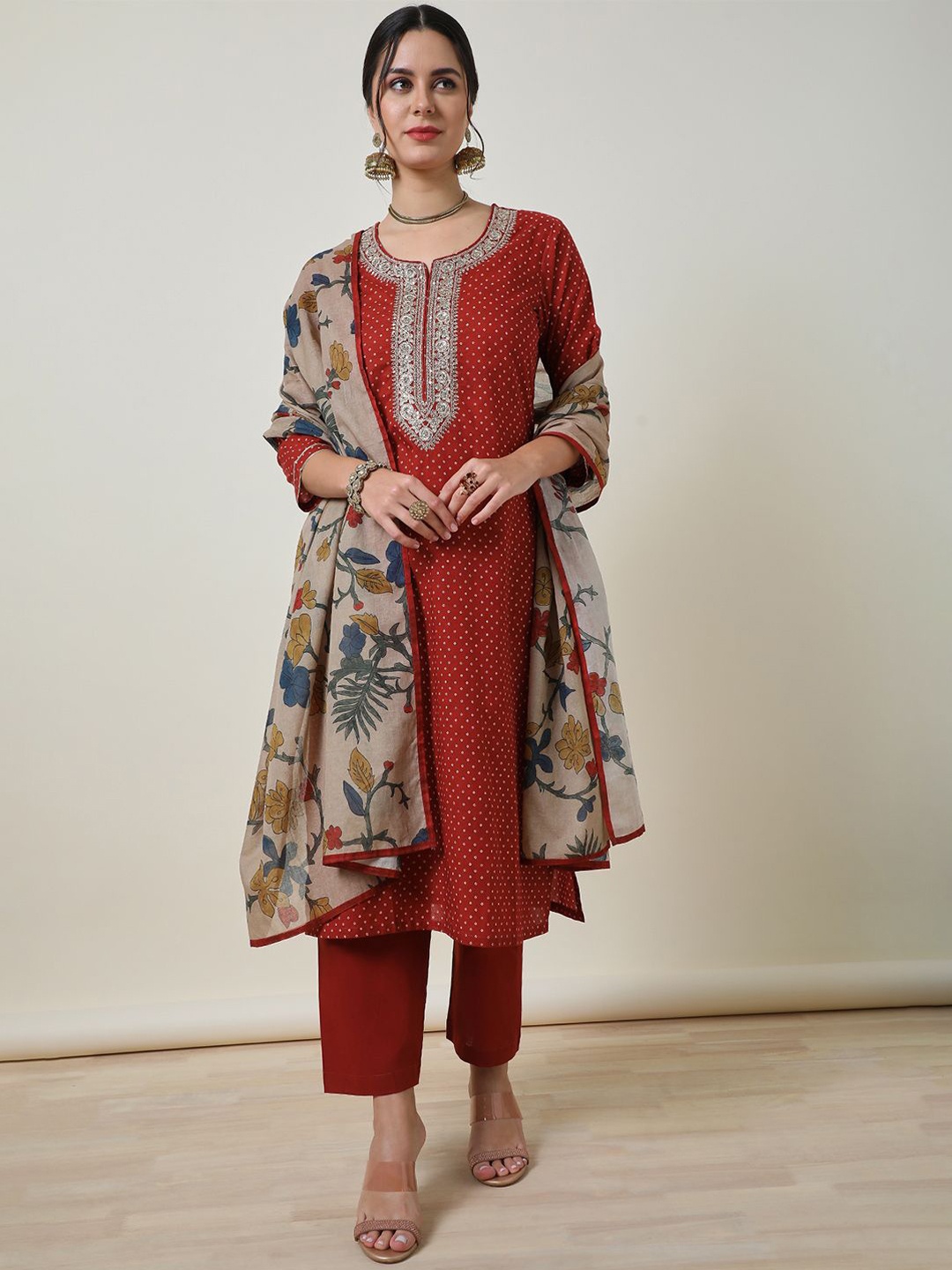 

Soch Women Bandhani Printed Regular Sequinned Kurta with Trousers & With Dupatta, Rust